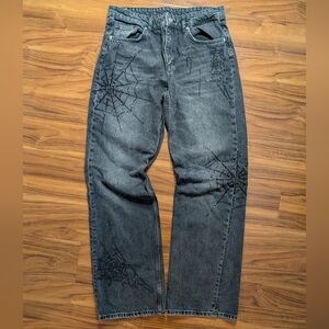 Zara Spiderweb TRF Rhinestone Charcoal Denim Jeans Size 10 Women